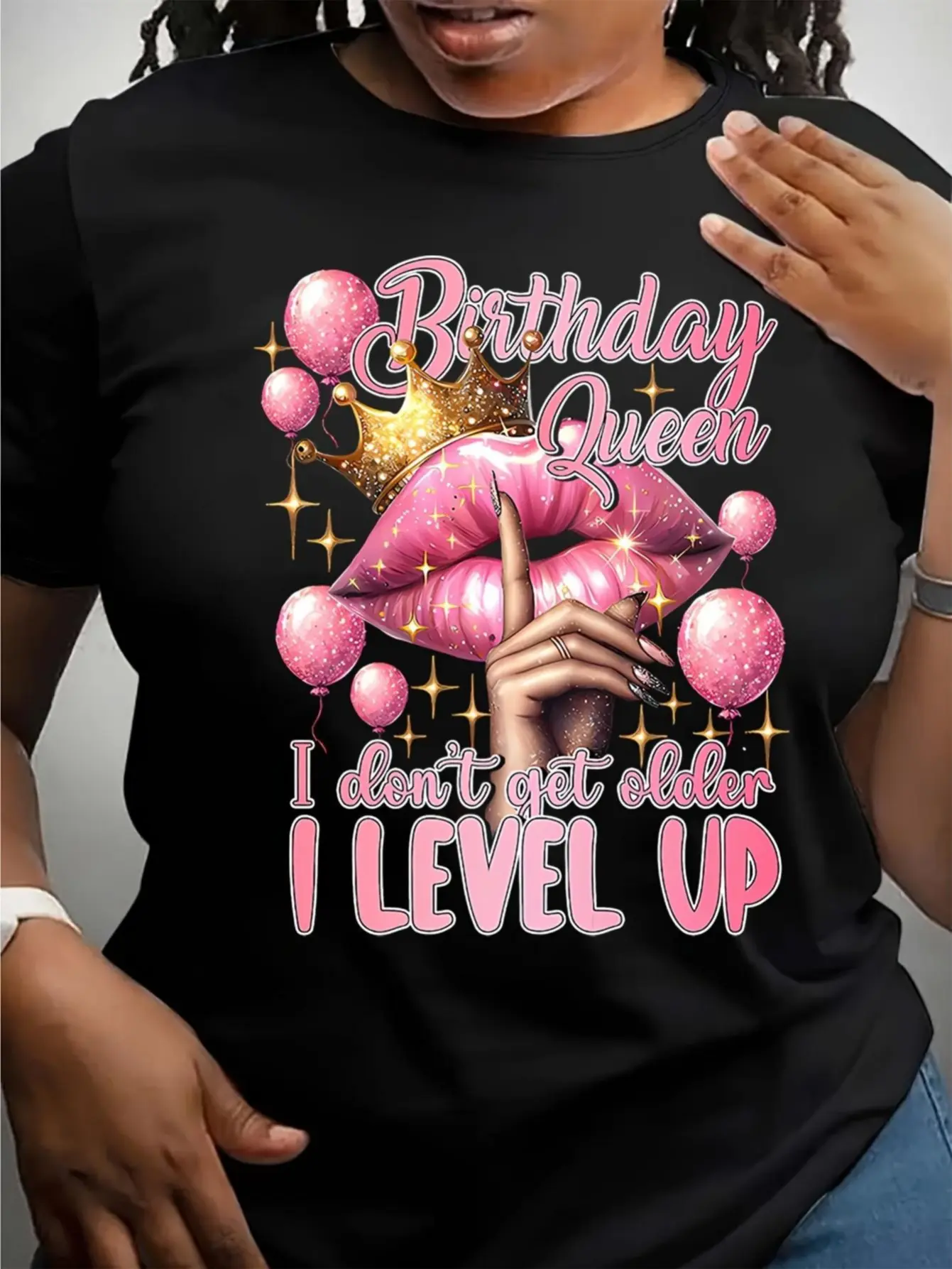 Birthday Queen Graphic T-Shirt for Women, Sparkly & Shiny Aesthetic Shortsleeve Tee in 100% Heavyweight Cotton for Parties, Golden, Tshirt