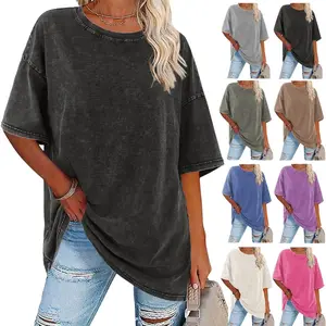 Digitex Women's Acid Washed Tees 1/2PCs Loose Fit Short Sleeve Casual Streetwear Baggy Basic Tops Crewneck Soft Cotton Fabric Green Minimalist Style Womenswear Solid Maternity Summer Oversized T Shirts Vintage Tshirt Round Neck Relaxed