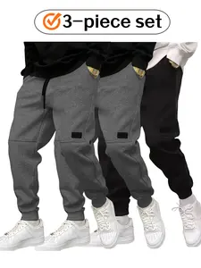 Men's Fitted Solid Color Jogger Pants, High Street Retro Casual Drawstring Waistband, Three-Pack, Perfect for Daily Wear & Sports, Fitness Trousers