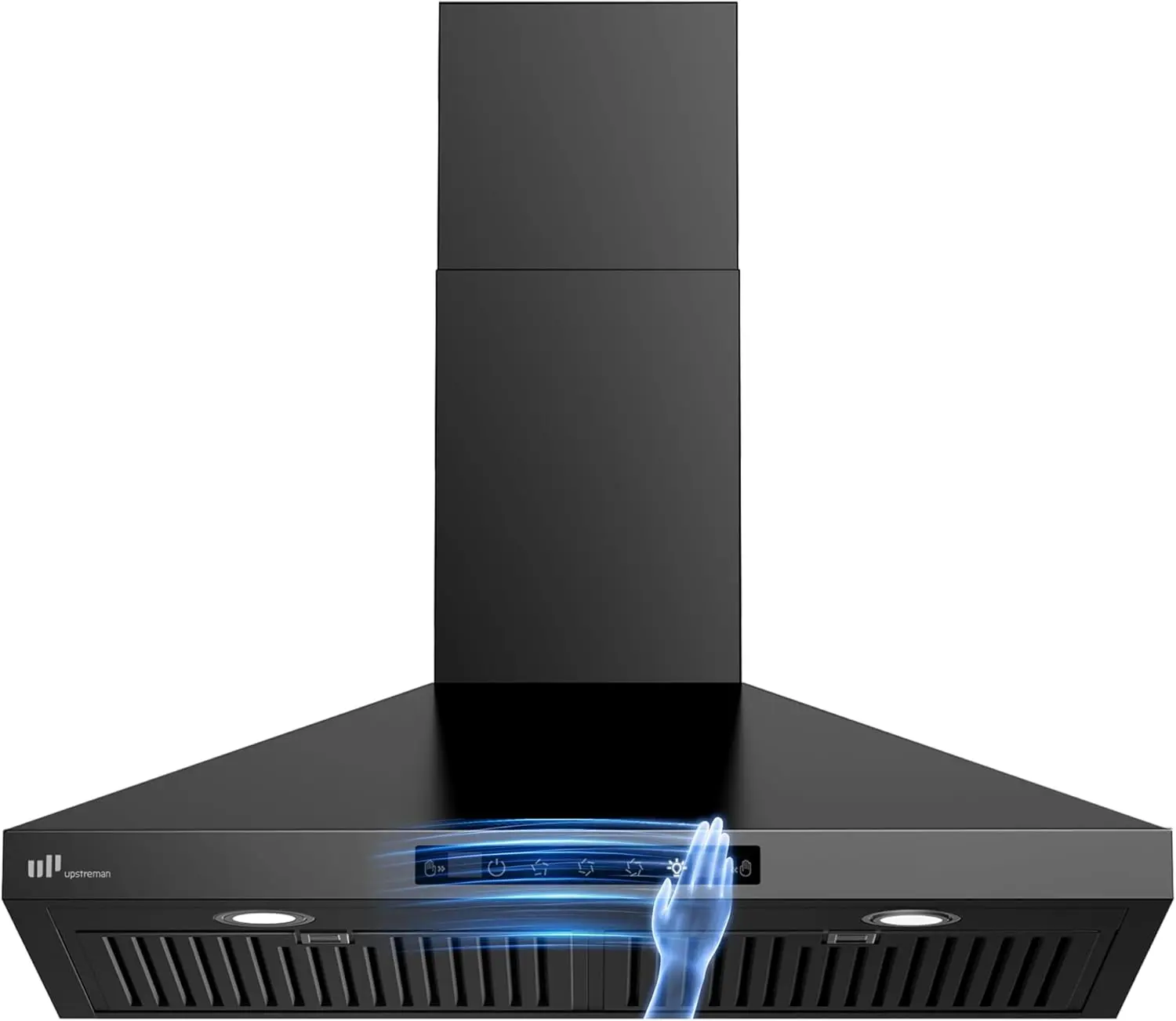 Upstreman 30-Inch Wall Mount Range Hood - 380 CFM (300 to 499 CFM Range), Gesture & Touch Control, 3-Speed Matte Black Vent Hood, 15-Min Auto Shut-Off, 5W Ultra-Bright LED Lights, Ducted/Ductless Convertible, Durable Design, Easy Maintenance, Model HC30,