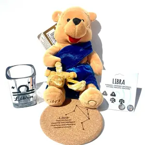 Libra Pack - Includes Adorable Bear in Blue Outfit Libra Themed Glass three pairs of libra themed earrings and a drink coaster- Perfect for Libra Lovers