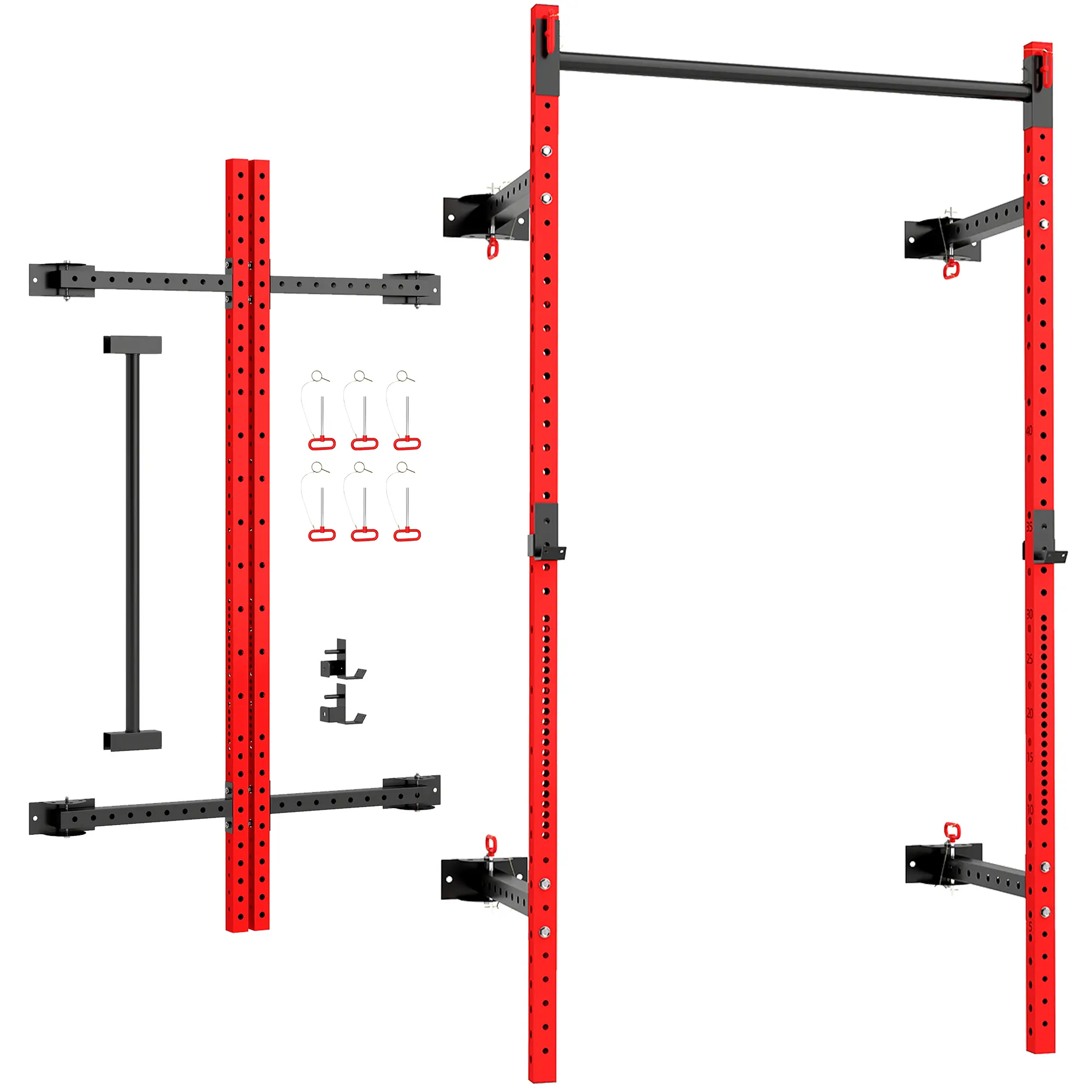 Soozier Folding Squat Rack with Adjustable Pull-Up Bar, 1000 Pounds Capacity Wall Mounted Power Rack, Adjustable Barbell Rack with J Hooks for Home Gym Full Body Workout, Red