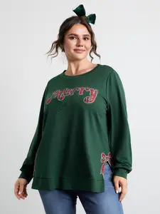 【All-Day Comfort】Bloomchic Merry Applique Embroidery Sweatshirt - Dark Green, Round Neck, Extra Long Sleeve, High Stretch, Casual Autumn Wear, Women's Crewneck Hoodie essential hoodie