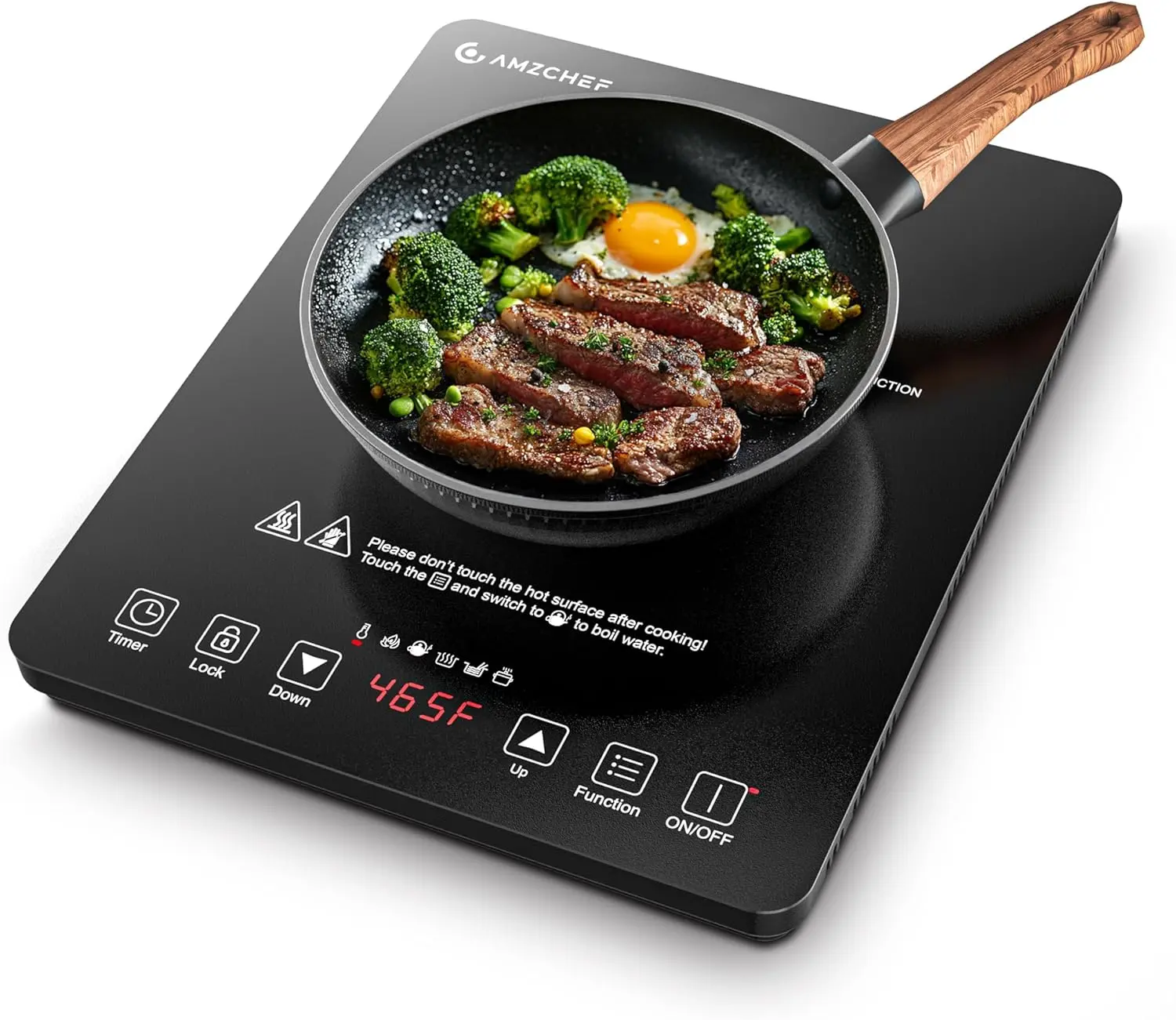 AMZCHEF Portable Induction Cooktop, 20 Temperature & Power Levels, 1800W | 20 power levels 90W-1800W; 20 temp 120-465F; 4 preset menu; 47.2" cord; ceramic glass; touch control; 4hr timer