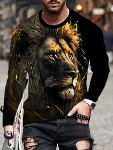 Men's Lion Print Round Neck Long Sleeve T-Shirt, Comfortable Breathable Sporty Top, Casual Streetwear for Outdoor Sports, Family Gatherings, Travel