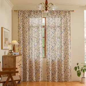2pcs Half-Blackout Cotton Linen Window Curtain Rod Pocket, French Country Floral Pattern, 200gsm Thick Durable Material, Digital Print