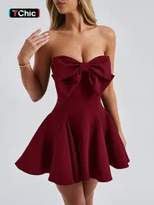 Bow Backless Short Dress for Party, Evening & Formal Wear, Elegant Chic Plain Design Zipper Closure, Fitted Sleeveless All-Season Fashion