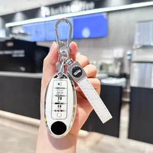 ACEBOY Car Key Cover For Nissan 5 Buttons Keys Fob Case TPU Bling Keychain For Nissan Altima Sentra Rogue Pathfinder Murano Armada Maxima Versa Girly Women White Silver