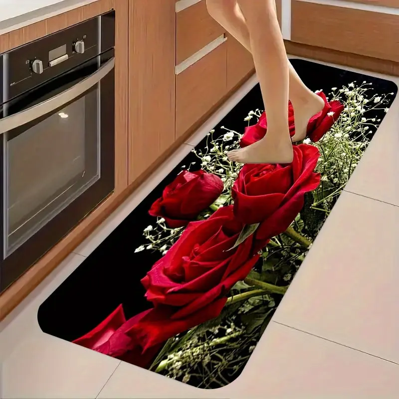 Vibrant Red Rose Polyester Floor Mat - Water-Absorbent, Durable, Wear-Resistant, 2 Sizes, Absorbing, Antislip, Bold, Bright-Colored, All-Surface Kitchen Rugs, Valentine’s Day Home Decor for Kitchen, Living Room, Absorbing Kitchen Rugs