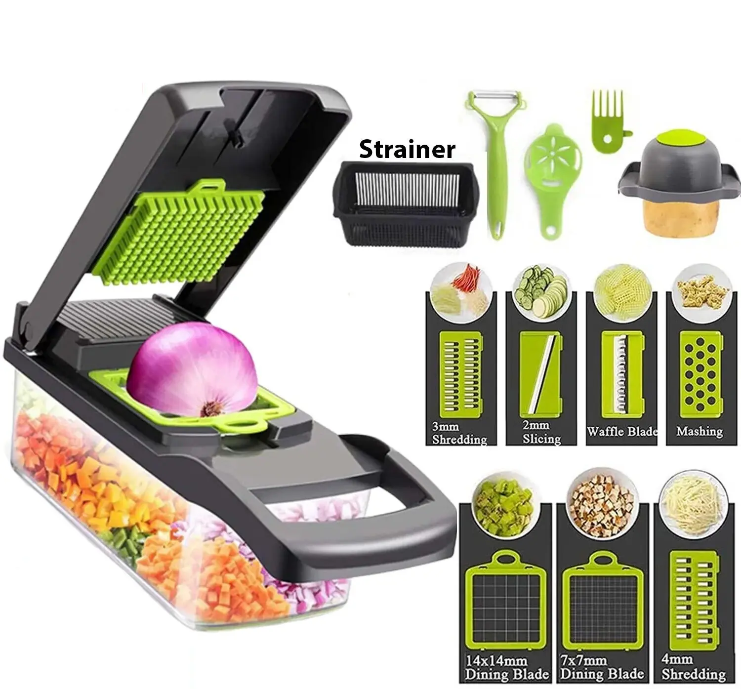 Premium 14-in-1 Multi-Function Fruit & Vegetable Chopper with Handle - 14-in-1 Functionality Vegetable Cutter, Dicer, Slicer Kitchen Food Processor for Efficient All-Seasons Food Prep by Cooking Enthusiasts