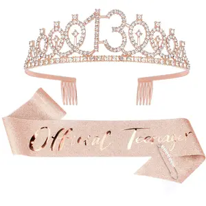 13th Birthday Crown for Girls & Official Teenager Birthday Sash & Pearl Pin Set, 13 Birthday Tiara