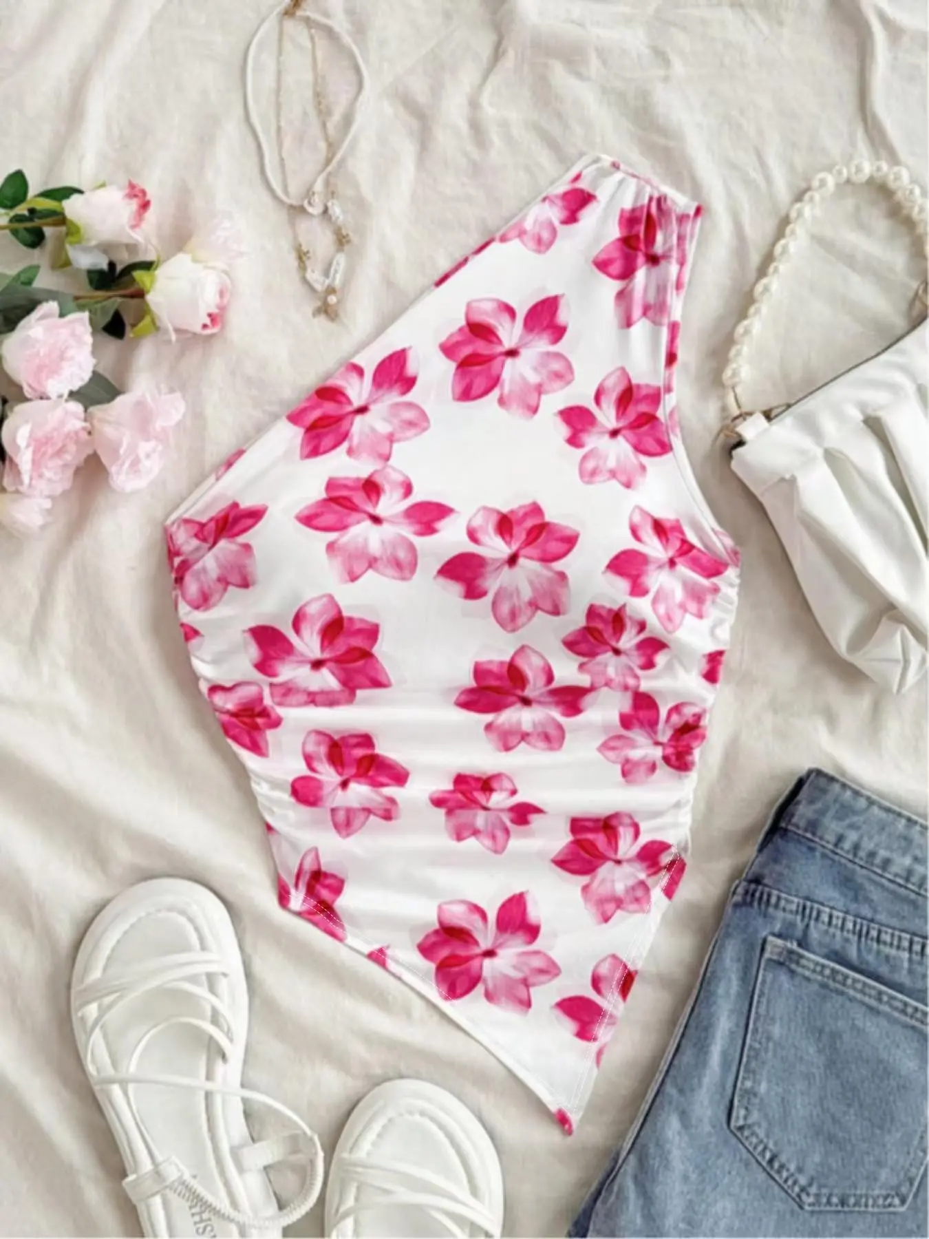 Women's Fashion Summer Casual Print Asymmetric Hem Shoulderless Shirt, Ultra-Thin Sleeveless Top, Perfect for Daily Wear, Asymmetrical Hem Sleeveless, Summer Tops Trendy