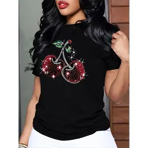 100% Cotton Women's Casual Short Sleeve T-Shirt, Shiny Cherry Pattern Print - Black Crew Neck Top, All-Season Wearable, Medium Stretch Machine Washable Fabric, Comfortable Fit Shirt