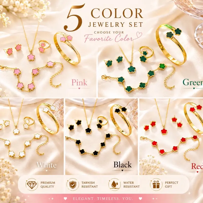 5 PCs Clover Jewelry Set - Necklace, Bracelet, Earrings, Ring | Elegant Floral Accessory Set