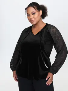 Women's Plus Size Velvet Leopard Laser-Cut Neck-Tie Blouse Shirts, Summer Turn-Up Long Sleeve Clothes, Neck-Lengthening Top, M-6X Fit, 2026 Mother's Day Pick Swimweek