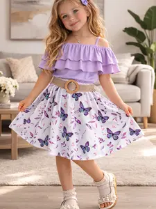 Girls' Summer Set, One Shoulder Top with Layered Ruffle Design, Butterfly Print High Waist Skirt, Beach Vacation Wear 8-12 Years Fashion Clothes Set