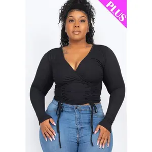 Black Ribbed Knit Long Sleeve Surplice Crop Top with Double Ruching Comfort Fabric Blouse Cropped Cute Drawstring