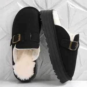 Women's Plush Lined Buckle Slippers Suede Platform Mules Cozy Winter Indoor Outdoor Shoes