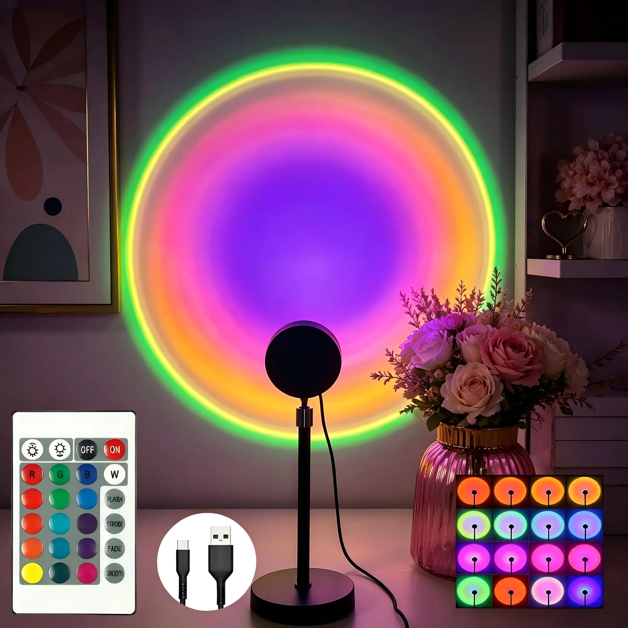 Fall Sunset Lamp Projector Light 180° Adjustable RGB Mood Lamp with 4 Modes Remote Control Battery Included for Bedroom Gaming Room Live Streaming Christmas Gift DC Power Supply