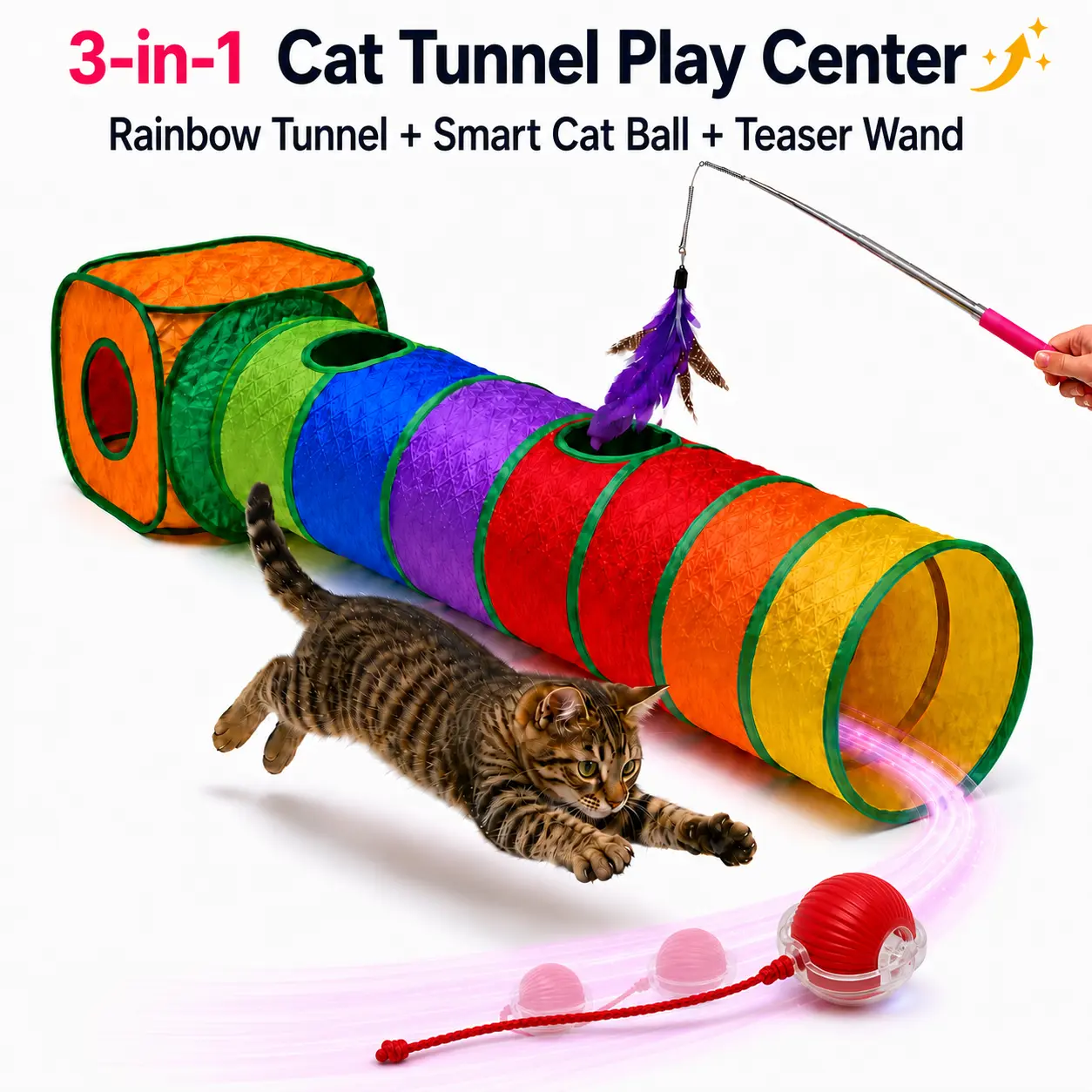 3-in-1 Rainbow Cat Play Tunnel Set - Collapsible Tube with Peek Holes & Crinkle, Includes USB-Rechargeable Smart Moving Chirping Smart Ball, Retractable Teaser Wand & Motion-Sensing -Light-Bird Sound Self-Play Toy additional tail, cat toy random