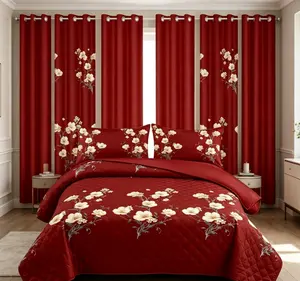 Deep Red and Cream Floral Print 9 Piece Bedding Set Soft Microfiber Bedspread Pillowcases and Curtains Combo All Season Farmhouse Bedroom Decor Kit for Elegant Warm Refresh