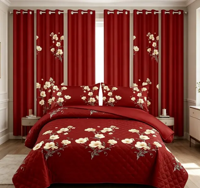Deep Red and Cream Floral Print 9 Piece Bedding Set Soft Microfiber Bedspread Pillowcases and Curtains Combo All Season Farmhouse Bedroom Decor Kit for Elegant Warm Refresh
