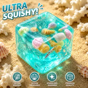 Ocean Shell Maltose Squishy Cube   Slow-Rebound ASMR Stress Relief Toy, Aesthetic Sea Shell Glitter Fidget Toy for Anxiety, ADHD, Kids & Adults Slow Rebound Glitter Stress Relief Squeeze Toy for Anxiety ADHD, Sensory Toys for Kids Adults