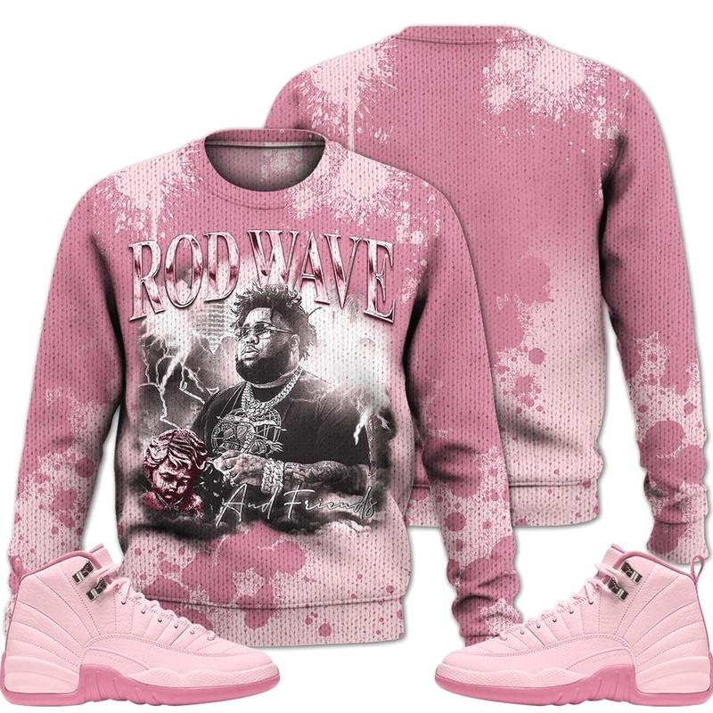 12 Pearl Pink Outfits, Pearl Pink 12s Ugly Sweater Rod Wave Rapper 90s Unisex T-Shirts To Match Sneakers Streetwear Fabric Menswear