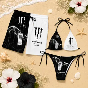 Matching Monster Floral Couple Swimwear Set - Women's Swim Bra & Tie-Side Thong Bikini, Men's Beach Shorts, Summer Vacation Hawaiian Swimwear