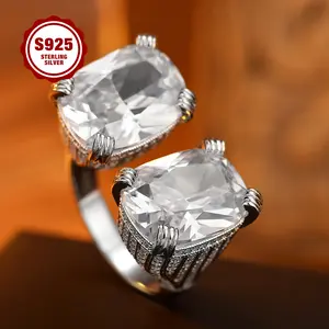 S925 sterling silver double CZ ring, set with 5A princess zirconia, fashionable personality, double-layer structure opening design, high-class gorgeous, suitable for ladies, proposal, wedding, daily wear, fashion party.