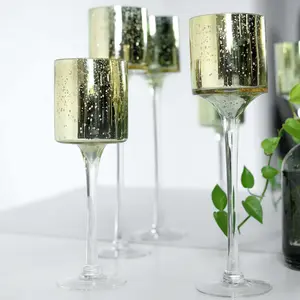 Set of 3 Glass Cylinder Vases Long Stem 12", 14", 16" Gold - Tealight Candle Holder Wedding Centerpieces