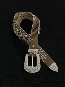 Rhinestone Metal Buckle Belt, Punk Rock Style Rhinestone Belt, Rivet Decorative Leather Strap Accessory, Unique Fashion