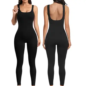 SeSe Code Women Workout Seamless Jumpsuit Yoga Ribbed Bodycon One Piece Square Neck Leggings Romper