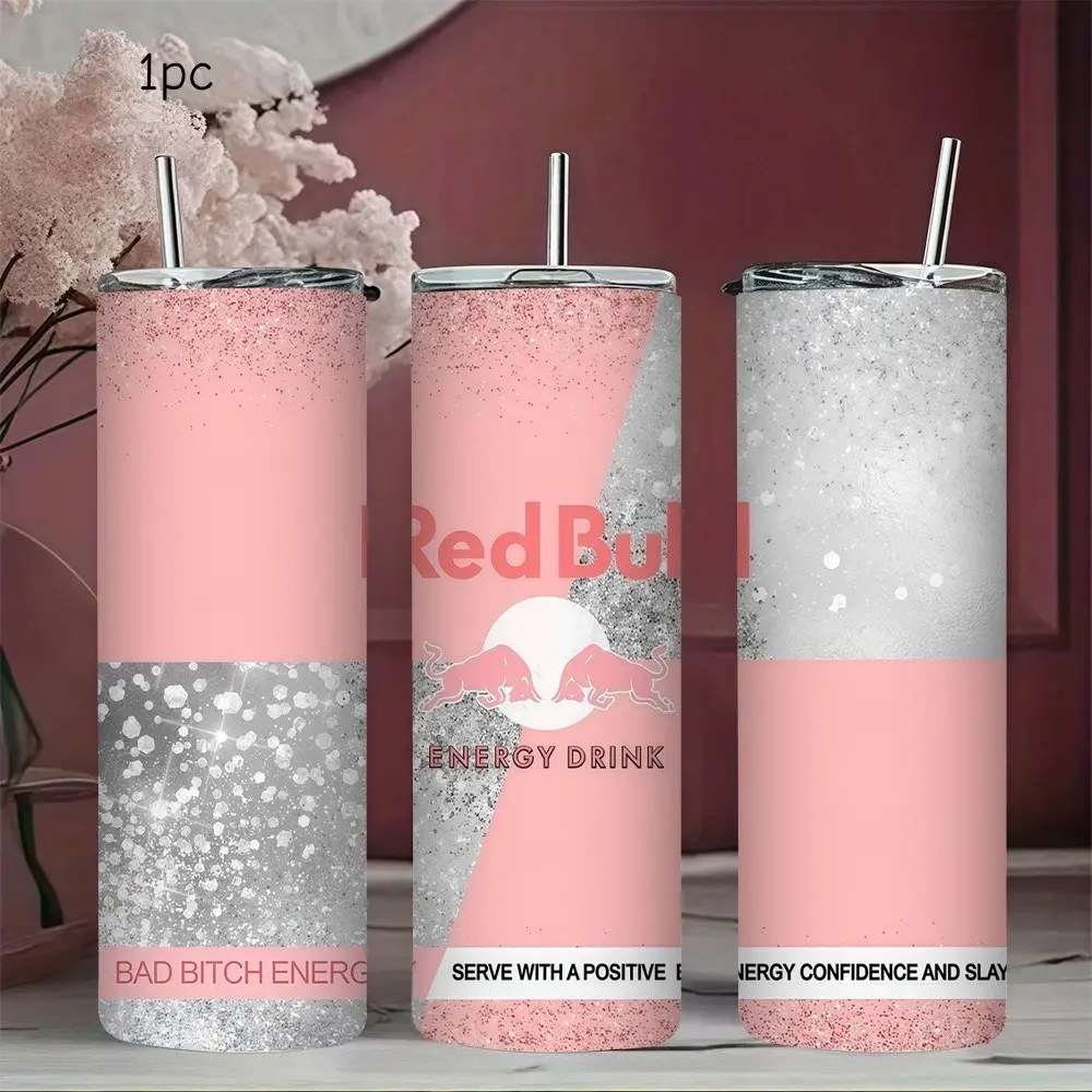 1pc 20oz Stainless Steel Insulated Mug, Red Bull Themed Travel Mug, Reusable Coffee Thermos Cup, Available in Blue / Purple, features a transparent sliding lid and straw, suitable for outdoor and indoor workouts, or as a personalized birthday/holiday gift