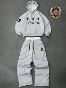 Men's Two-Piece Hooded Sweatshirt Set Outfit, Graphic Design with Numbers Letters Horse, Loose-Fitting Drawstring Trousers, Fall Winter Wear