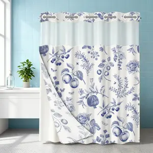1PC double-layer large ring shower curtain, blue and white floral, flower and fruit pattern fabric, shower curtain, high-end quick drying hanging curtain, bathroom, curtain, waterproof, mildew proof curtain