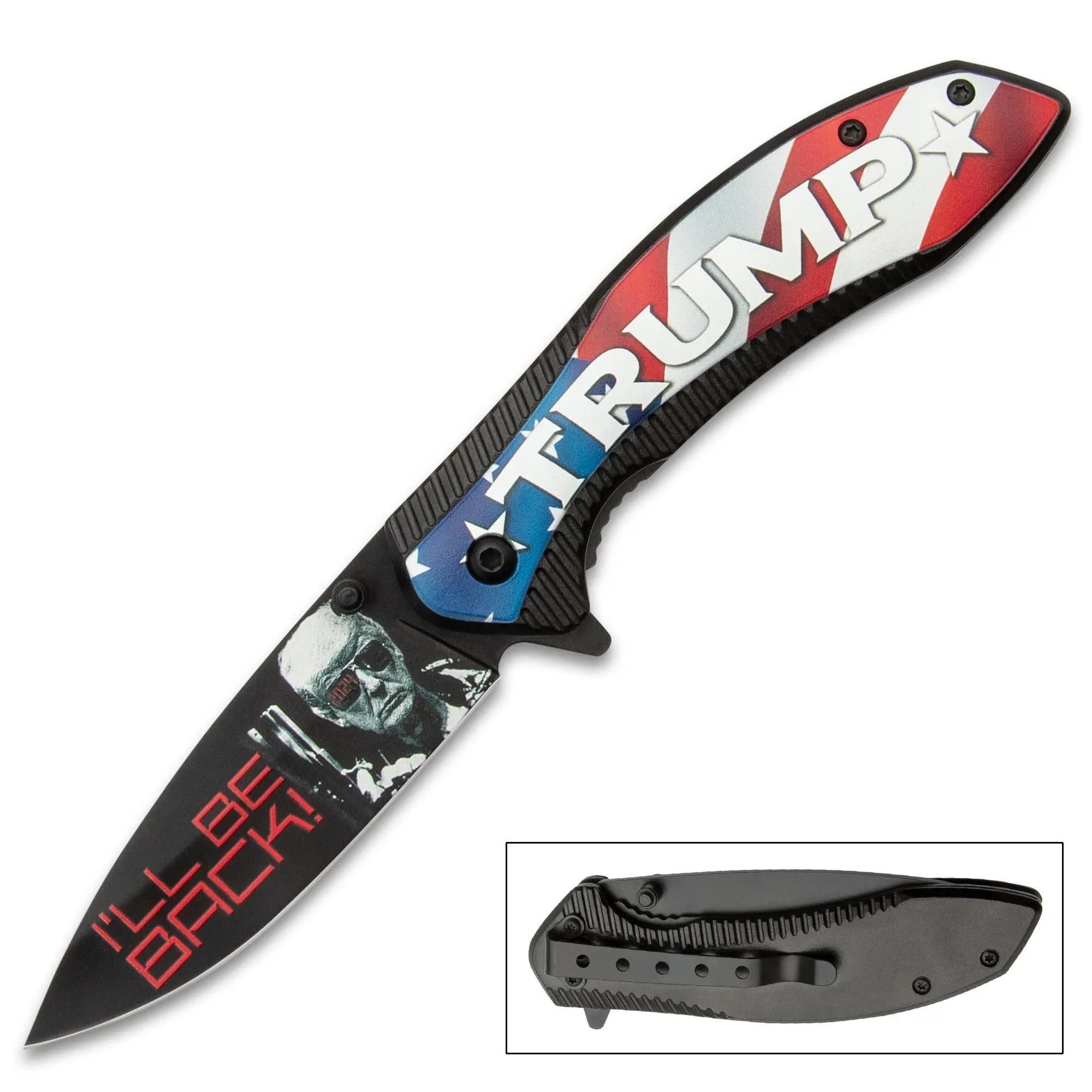 Trump 2024 Pocket Knife, 3.5" Assisted Opening Titanium Coated Blade, American Flag Aluminum and Wood Framelock Handle, Outdoor Camping Knives