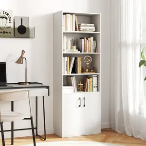 COSTWAY - 70 Inch Bookcase 6-Tier with Adjustable Shelves and 2-Door Cabinet-White