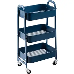 3 Tier Rolling Cart with Lockable Wheels, Multifunctional, Organizer Cart for, Office, Living Room, Makeup, Craft,,Navy Blue
