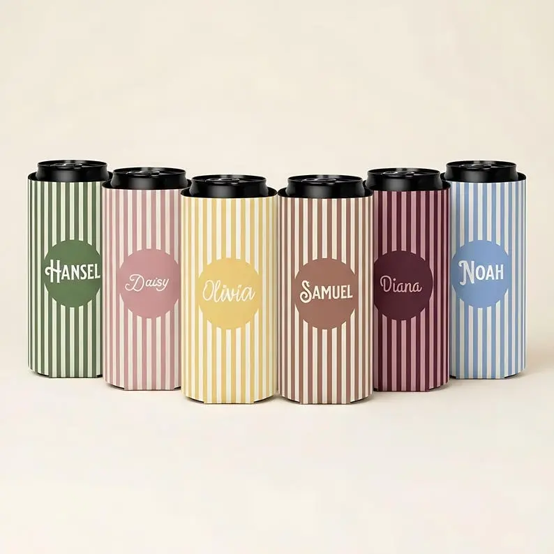 Personalized Striped Can Cooler Custom Name Slim Can Koozie Preppy Drink Sleeve Monogram Beer Cooler Wedding Favor Gift