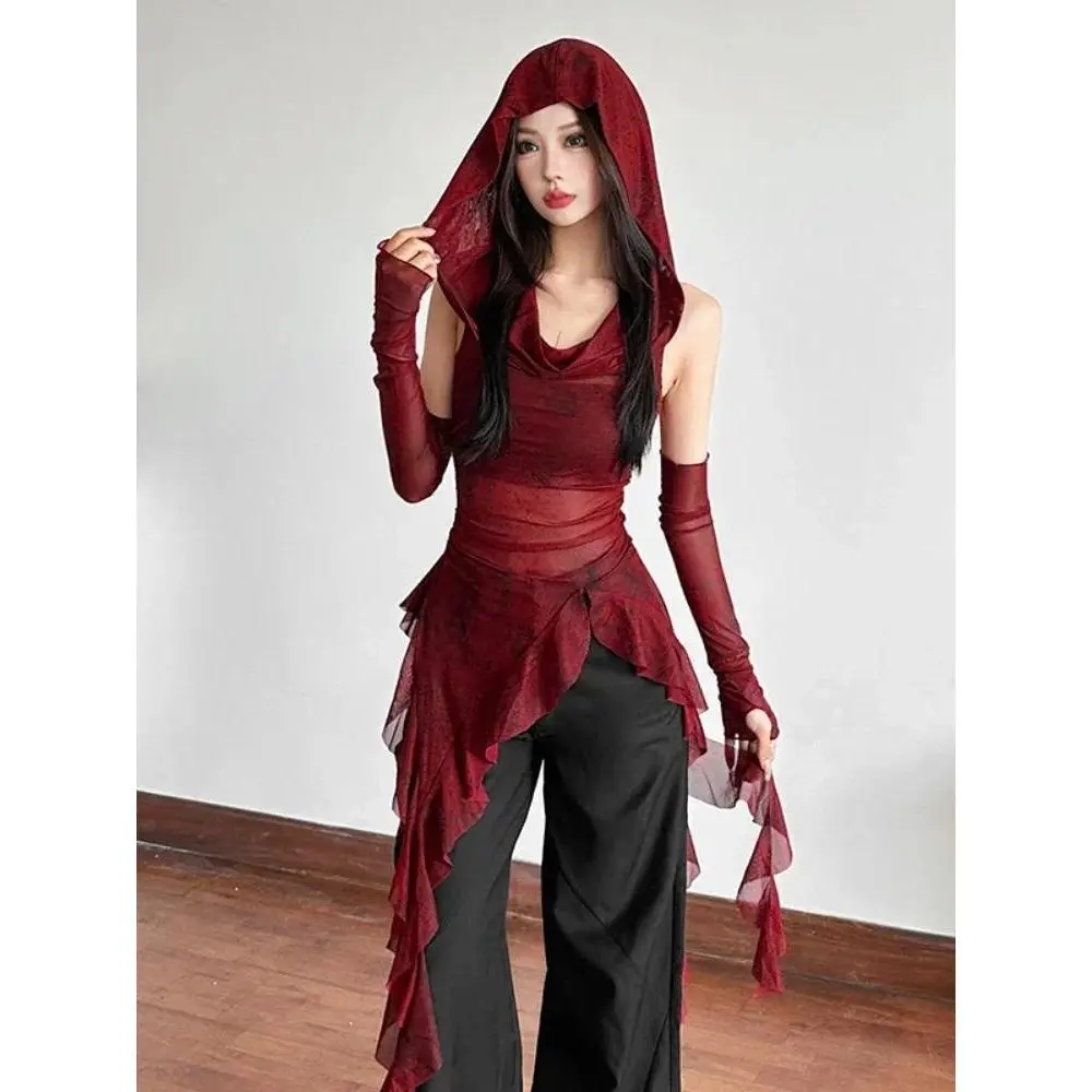 Streetwear 90s Grunge Mesh See Through Hooded Tops Cyber Y2K Irregular Hem Ruffles Hoodie Women Slim Blouse with Cuffs
