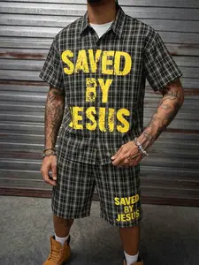 Men's "SAVED BY JESUS" Plaid Two-Piece Set | Vintage Distressed Letter Print Short Sleeve Shirt + Shorts | Casual Streetwear Outfit