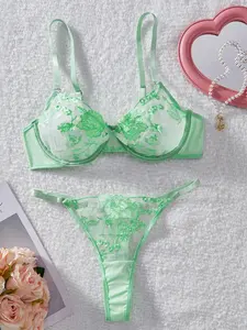 Women's Floral Embroidery Sheer Underwire Bra & Thong Mesh Sexy Lingerie Set, Adjustable Strap Bra & Thong Set, Lingerie Set for Women