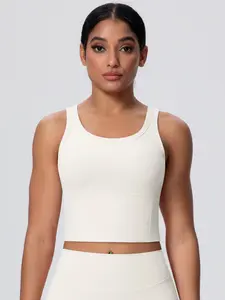 Women's High Elasticity Yoga Tank Top, Pure Color U Neck Sleeveless Gym Shirt with Chest Pads, Suitable for Running Training Sports Vest Top