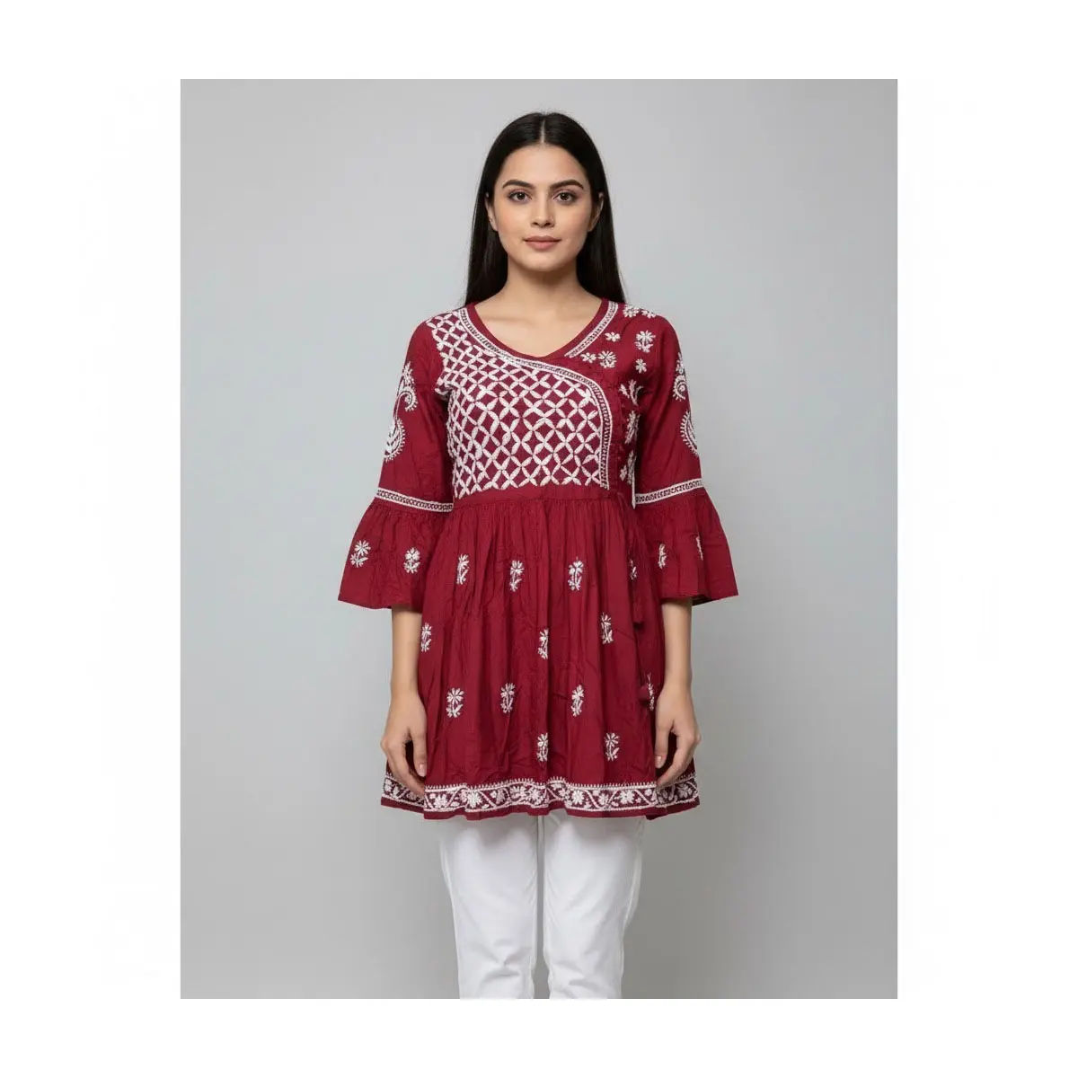 Embroidered Maroon Short Kurti (Top-50) Size 34
