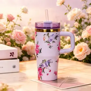 14 oz floral print tumbler with handle and flower straw topper, vintage watercolor rose stainless steel insulated travel mug, cute pastel aesthetic car cup, trendy floral drinkware gift for women, girls, bridesmaids, birthdays, holidays