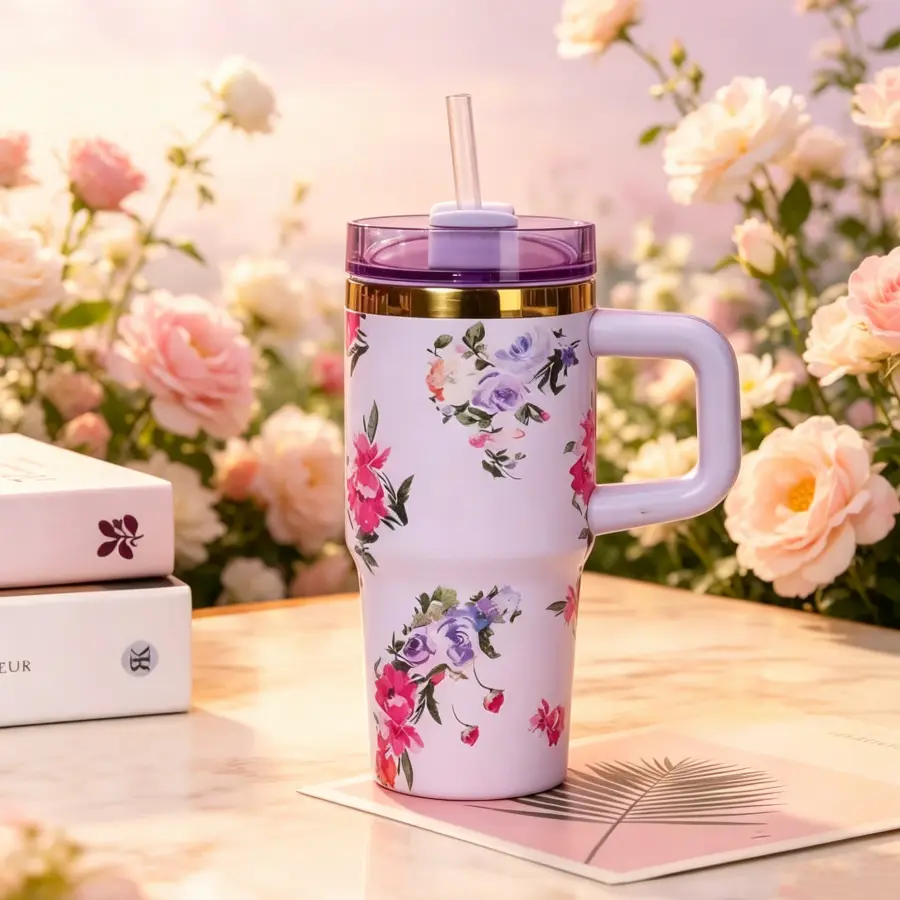 14 oz floral print tumbler with handle and flower straw topper, vintage watercolor rose stainless steel insulated travel mug, cute pastel aesthetic car cup, trendy floral drinkware gift for women, girls, bridesmaids, birthdays, holidays