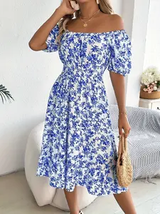 Fashion Casual New Trend Lady Dress Spring Summer Ditsy Floral Square Neck Short Sleeve Waist Cinched A-Line Skirt