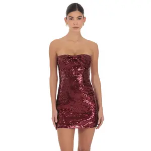 Lucy in the sky Women's Burgundy Strapless Sequin Bow Formal Dress