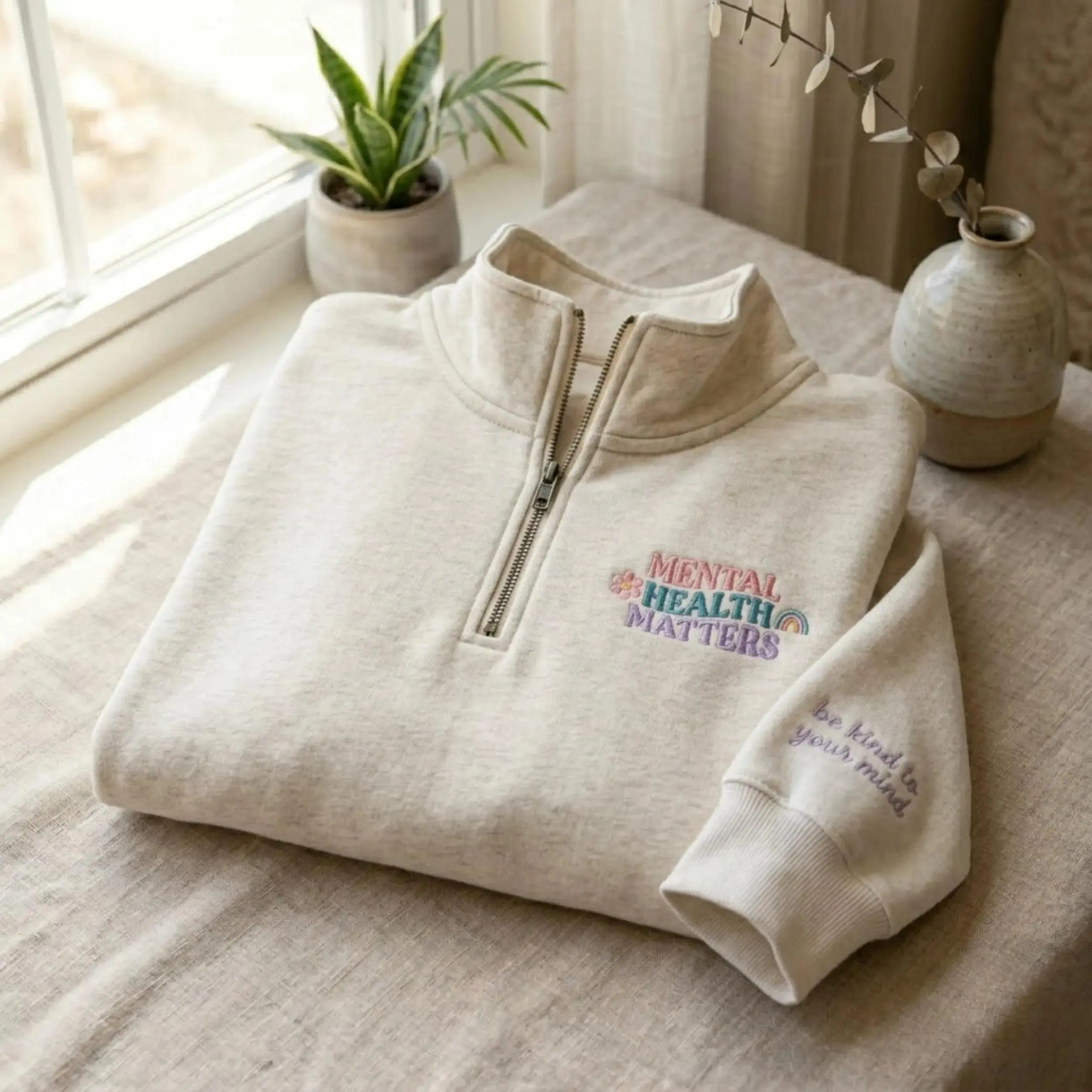 [Made in US] Embroidered Mental Health Matters Quarter Zip Sweatshirt, Awareness Sweater, Therapist Gift
